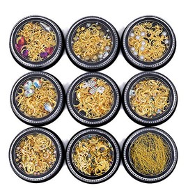 MEILINDS 3D Gold Nail Studs Gold Nail Rivets Gems Nails Art Decoration Sparkle Rhinestones Hollow Moon Star Shaped Artificial Pearls Metal Rivets Charms DIY Nail Tips 9 Boxes