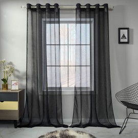 Black Sheer Curtains 95 Inch Length Set 2 Panels For Living Room Translucent Voile Sheer Drapes Solid Elegant Grommet Black Textured Sheer Curtains For Dining Room Windows 52 X 95 Inches Long