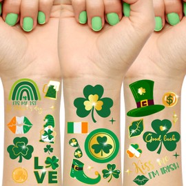 32 Sheets 100+ PCS Glitter St. Patrick's Day Shamrock Tattoos, Saint Patricks Day Temporary Tattoos with Gold Foil Highlights, St Patricks Day Accessories Party Favors, Shamrock Face Stickers