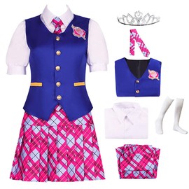 WIPTOED Princess Charm Sophia School uniform Sophia Outfit School JK Uniform Skirt Costume with Crown(BLUE-PINK,M)
