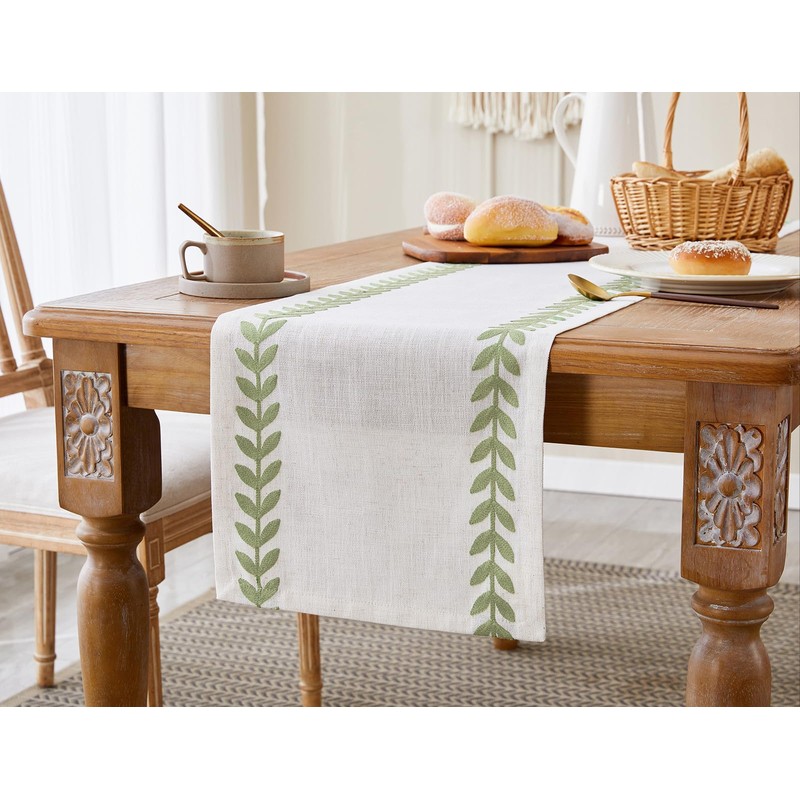 Wracra Linen Embroidered Table Runner, Irregular Willow Leaf Table Runners