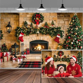 Telón de fondo de chimenea de Navidad de 10 x 8 pies para invierno, feliz Navidad, clásico, para árbol de Navidad, para familia, para niños, retrato de fotos, fondos de granja, pared de ladrillo