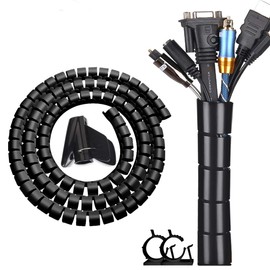 Fanoshon Black Computer Cable Management Sleeve Tube Under Desk Cord Organizer, 7/8 inch -5 ft Cover Wrap Easy to Install Messy Wire Solution for TV Office PC, Pet Chew and Bite Proof Cable Protector