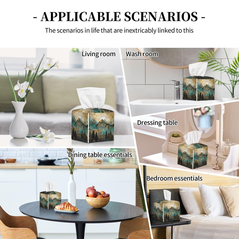 Square Tissue Boxes(5.2"x5.2"x5.2"), Mountains Trees Landscape Sunrise Tissue Holder Decor