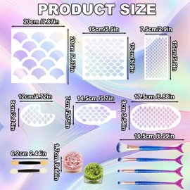 11Pcs Mermaid Makeup Scale Stencil Kit, Reusable Fish Face Paint & 4Pcs Makeup Brushes 2 Bottles Glitter, Women Girl Template Large Plastic Wall Stencil for Painting Make Up DIY Tool Set