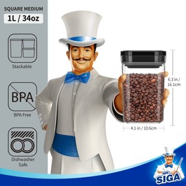 MR.SIGA 4 Pack Airtight Food Storage Container Set, BPA Free Kitchen Pantry Organization Canisters, One-handed Airtight Cereal Snack Candy Storage Containers, 1 L / 34oz, Medium, Black