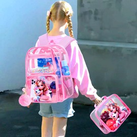 3PCS Unicorn Clear Backpack for Girls,16" Transparent Bookbag Heavy Duty, Cute See Through Backpacks with Lunch Bag - Pink