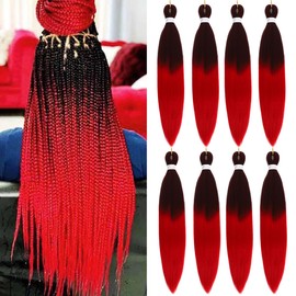 Ombre Red Braiding Hair Pre Stretched 30 Inches EZ Braiding Hair Yaki Texture 8 Packs/Lot Braid Hot Water Setting Professional Synthetic Braiding Hair Extensions (8pcs,30",#1b/red)