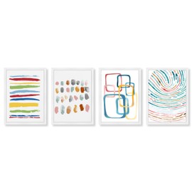 Wynwood Studio Abstract Modern White Frame Paper - Colored Abstract SET, Wall Art for Living Room, Bedroom, and Bathroom, 13" x 19", Blue and Red Home Decor