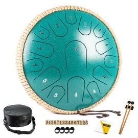 HOPWELL Steel Tongue Drum - 13 Inches 15 Notes Tongue Drum - Hand Pan Drum with Music Book, Handpan Drums Mallets and Carry Bag, D Major (Malachite Green)