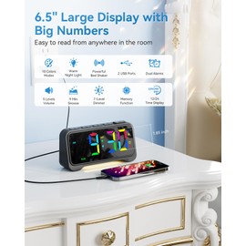 Dynamic RGB Alarm Clock for Bedroom, Super Loud Alarm Clock for Heavy Sleepers Adults Kids, Bedside Nightstand Clock with Night Light, 2 USB Phone Charger, Dimmer and Volume Control, Snooze, 12/24H