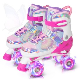 MammyGol Kids Roller Skates for Girls or Boys, 4 Size Adjustable Roller Skates for Children with Beautiful Butterflies, Beginner Kids Light up Roller Quad Skates Indoor Outdoor (Pink)