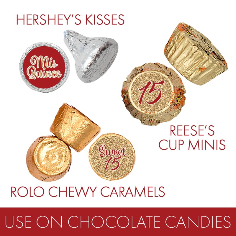 Red and Gold Quinceañera Chocolate Kisses Party Favor Stickers, Mis