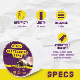 ATack Cat Anti-Scratch Training Tape, Residue-Free and Removable, Clear, 2.5-Inches x 20 Yards, Kitty Scratch Deterrent, Prevention Tape and Protector for Leather Couch, Furniture, Door