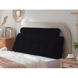 AmyWtb Headboard Pillow + A Long Neck Roll Pillow Body Pillow，Faux Fur Headboard Wedge Pillow with Removable Cover (Black, Queen：59x8x20 inches)