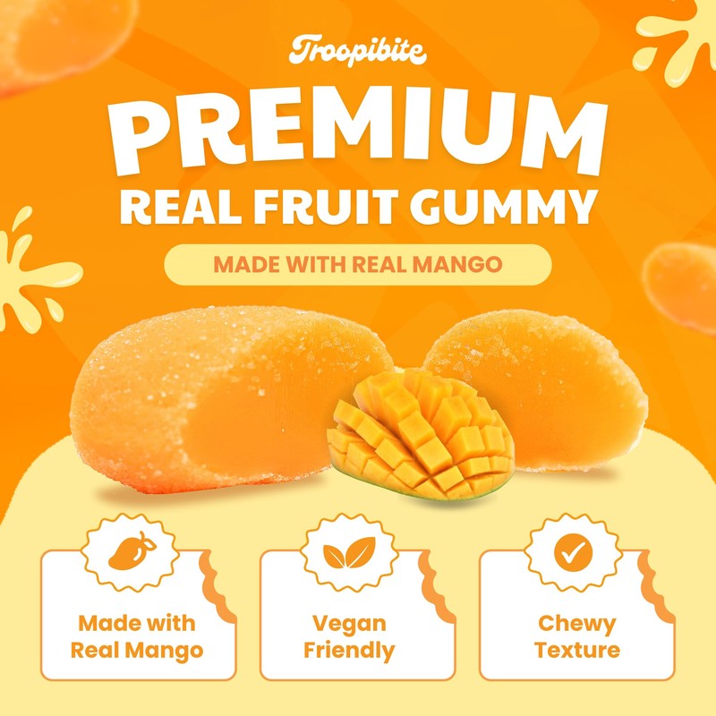 Troopibite Real Mango Gummies, Made with Real Fruit, Vegan Chewy