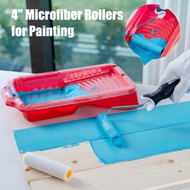 Mister Rui 4 Inch Paint Roller Kit, 12-Piece Mini Roller Set with 6 Microfiber Sleeves, Tray, Liner & Cover, Handle, 1.5" Angled Brush - for Walls, Cabinets, DIY & Pro Painting