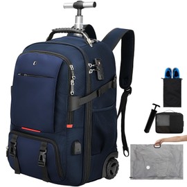 SWICKY RICOOI Backpack with wheels,rolling backpack with 2 Packing Cubes and compression bags,Laptop Compartment,Water Resistant Luggage suitcase,Air Travel,Weekend Trips (Blue)