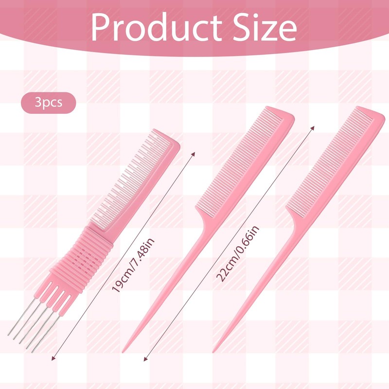 3PCS Teasing Combs for Women, Teasing Comb with Metal Pick,