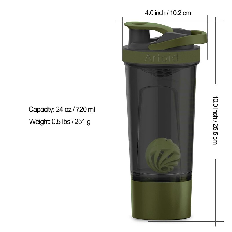 Artoid Sports Protein Shaker Bottle, 24-Ounce, Dual Mixing Technology, BPA