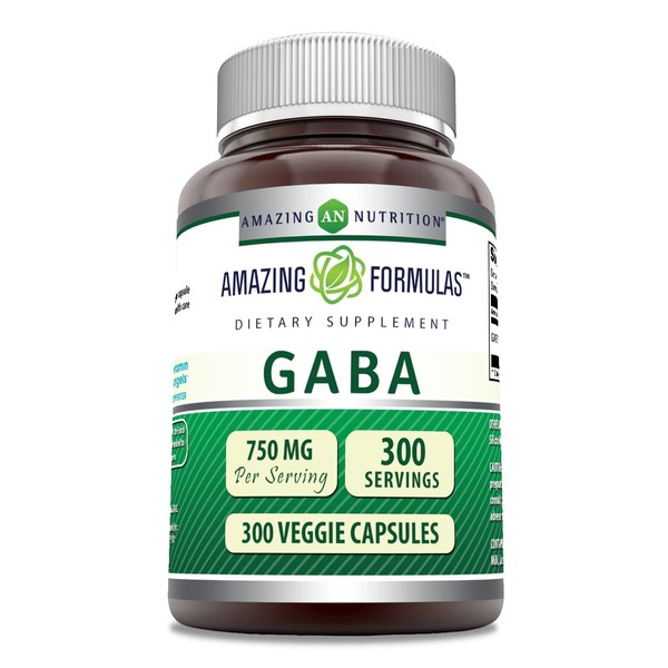 Amazing Formulas Pharma GABA 750mg Per Serving Veggie Capsules Supplement | Non-GMO | Gluten Free | Made in USA | Ideal for Vegetarians (300 Count)