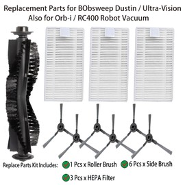 Replacement Spare Accessories for BObsweep Dustin/Ultra-Vision, Also for Orb-i / RC400 Robot Vacuum Cleaner 1 Main Brush 6 Side Brush 3 HEPA Filter Parts (10 Pack)