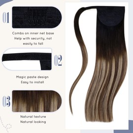 LaaVoo Braid Extensions Real Hair Balayage Black Extensions Ponytail Hairpiece Real Hair Black Ombre Brown Balayage Caramel Blonde Ponytail Extensions Real Hair Straight 80 g #1b/4/27 40 cm
