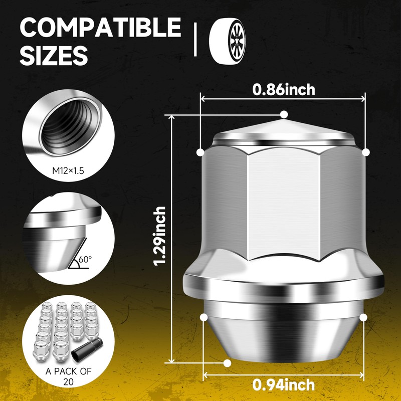 M12x1.5 Lug Nuts Set, Chrome OEM Factory Style Wheel Lug