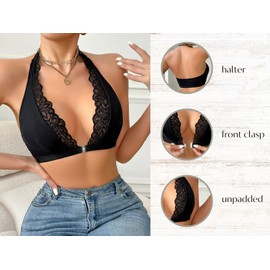 SOLY HUX Bras for Women Halter Lace Front Closure Bra Wireless Deep V Triangle Bralette Pure Black Medium