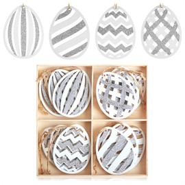 com-four® 12 x Decorative Hangers Easter – Wooden Easter Decoration for Hanging – Wooden Hanger for Easter Bouquet Grey/White with Stripes (Pack of 12 – Eggs with Stripes)