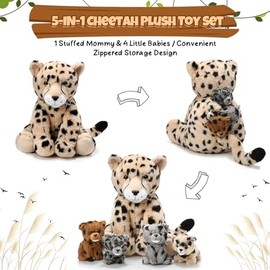 5 Pcs Cheetah Stuffed Animals Set Large Mommy Cheetah Plush with 4 Soft Cuddly Baby Cubs in Her Tummy for Boys Girls Birthday Graduation Gifts Forest Party Decors(Sitting Style)