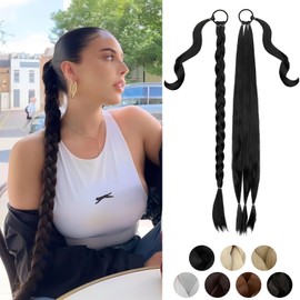 Cephermer Braided Ponytail Extension 26'' 30'' DIY Long Braid Hair Extensions Ponytail with Elastic Tie Straight Wrap Around Natural Soft Synthetic Hairpiece for Women Dark Black