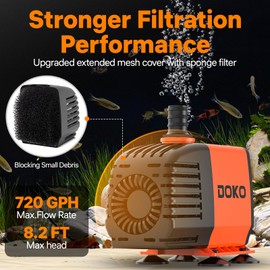 Doko Submersible Water Pump,720GPH Aquarium Water Pump with Extended Mesh Cover and Sponge,Ultra Quiet Pond Pump with 6Ft Power Cord for Fountains,Fish Tanks,Hydroponics,and Waterfalls