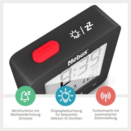 Mebus Funkwecker mit Temperaturanzeige, kompakt in Reisegröße, Funkuhr (DCF77), Alarm mit Weckwiederholung (Snooze), Datum, Displaybeleuchtung, Farbe: Schwarz, Modell: 25801