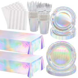 Poqirzan 146pcs Iridescent Party Supplies Iridescent Party Tableware Sets Serve 24 Guests Includes Holographic Paper Plates Cups Napkins Forks for Baby Bridal shower Mermaid Birthday Party