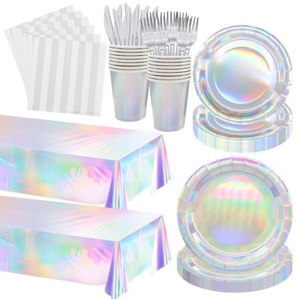 Poqirzan 146pcs Iridescent Party Supplies Iridescent Party Tableware Sets Serve