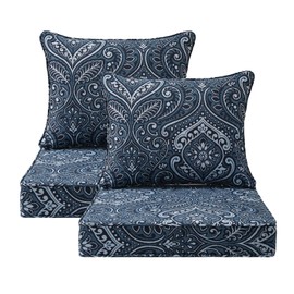 Unimatta Outdoor Patio Chair Cushions Set, 22" x 22", Set of 2, Water-Repellent, Fade Resistant, Deep Seat Bottom and Back Cushion for Backyard, Couch, Sofa and Patio Furniture, Damask Blue Flower