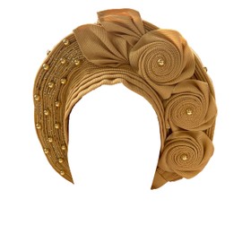 SugeGasa Auto Gele Headties Aso Oke Headtie Already Made African Head Wrap Beading Wedding Nigerian Fashion Headbands Women's Turban Hats&Caps (Gold)