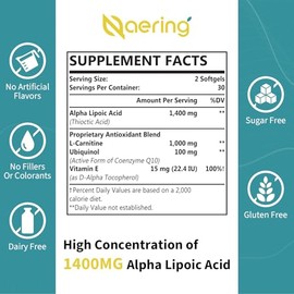Naering- cido Alfa Lipoico Lipoico 1400mg Cpsulas Blandas, Suplemento ALA con LCarnitina 1000mg, Ubiquinol (Ac                                        