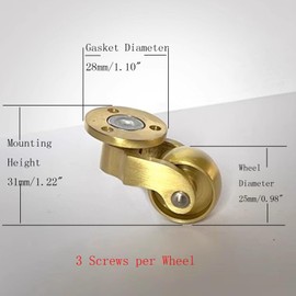 4 Pcs Casters 25mm Solid Brass Wheel, 360° Rodless Swivel, Moving Wheels, 1inch Rubber Castors for Furniture, Round Piece Type, Load 150kg, with 12 Screws (Color : JinLun, Size : Low)