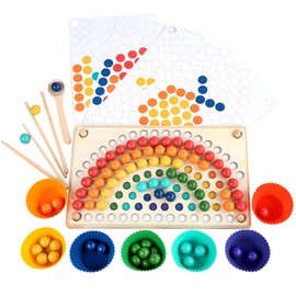 Wooden Peg Board Beads Game Educational Rainbow Clip Beads Puzzle Sorting Toys for Toddlers Preschoolers