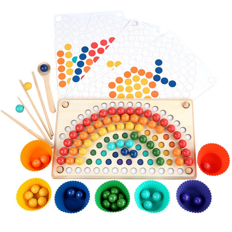 Wooden Peg Board Beads Game Educational Rainbow Clip Beads Puzzle