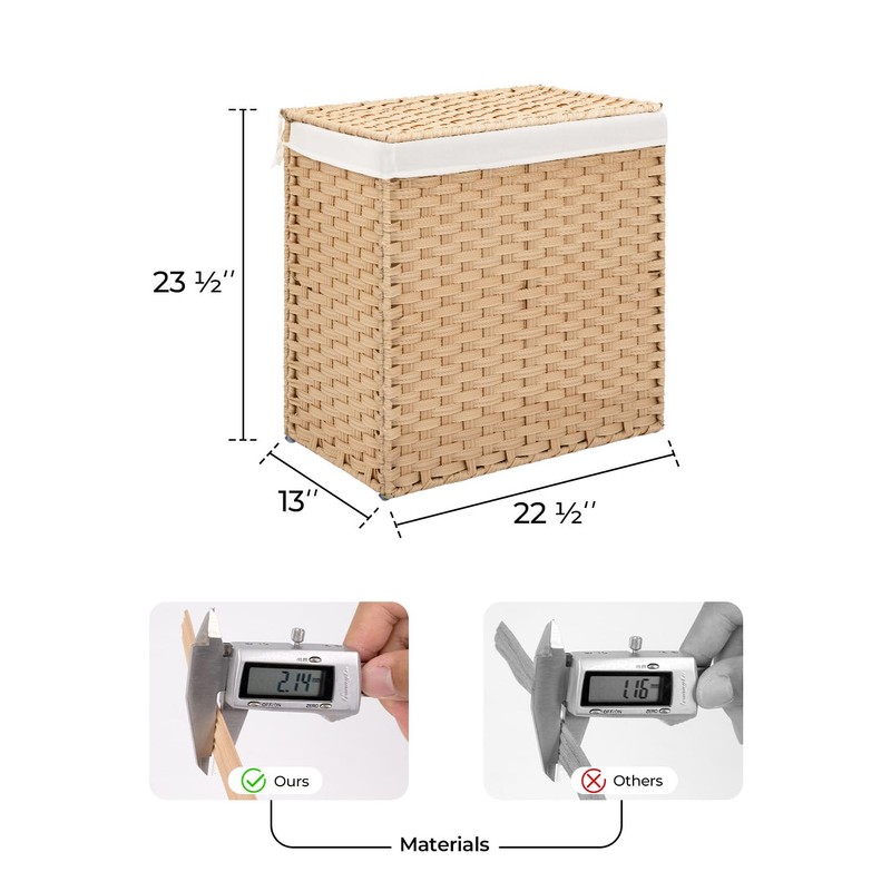 StorageWorks 110L Wicker Laundry Hamper with Lid, 2 Section Wicker