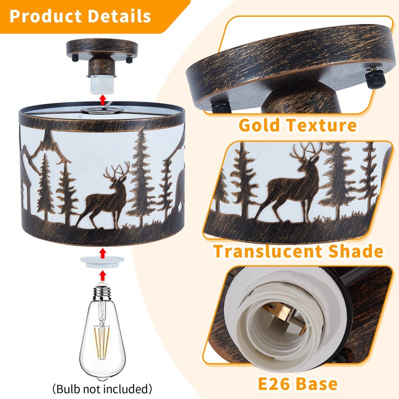 Rustic Semi Flush Mount Ceiling Light with Shade, Black Metal