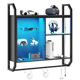 Bestier Bestier LED Gaming Floating Shelves, 34" Wall Mounted Shelf Pipe Shelves Hanging Display Rack Bookshelf with 6 S-Hook, Gaming Room Decor Wine Coffee Bar, Black Carbon Fiber