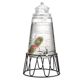 Elegant Home Embossed Lighthouse Ice Cold Clear Glass Beverage Drink Dispenser Glass On Metal Stand 1.5 Gallon With Lid, Spigot & Flavor Capsule For Outdoors, Parties & Daily Use