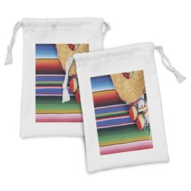 Lunarable Mexican Fabric Pouch Set of 2, Latin American Culture Theme Sombrero Straw Hat Maracas Serape Blanket Rug Picture, Small Drawstring Bag for Toiletries Masks and Favors, 9" x 6", Multicolor