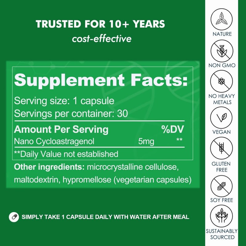 CAW Nano Cycloastragenol 98% 5mg 30capsules | Anti-Aging Telomere Plus