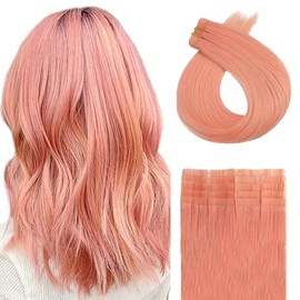 ALISY Human Hair Seal Extensions TAPE Hair Remy Hair Color Wig Extensions 10pcs (16inch, PINK#)
