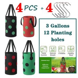 4 Pcs Upside Down Strawberry Planter- 4 Hooks 3 Gallon Hanging Strawberry Planter Hanging Planter,Sturdy Hanging Handle Thickened Breathable Felt Cloth for Tomato Hot Peppers Vegetables (4Pcs 3Gal)…